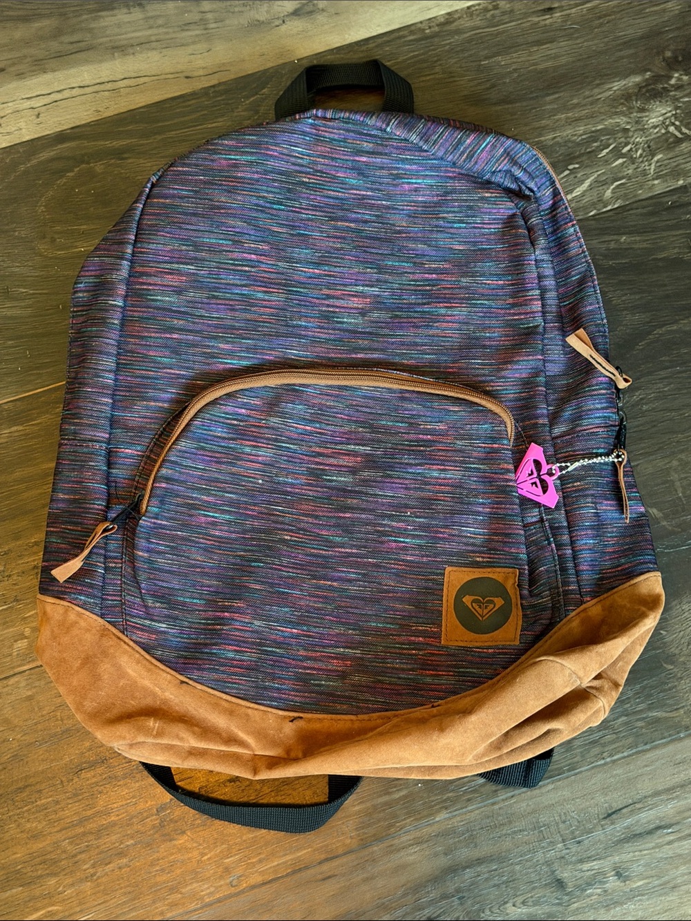 Roxy Purple Multicolor Stripe Backpack with Tan Suede Base